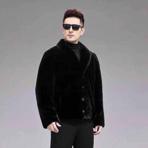 青果领仿水貂毛外套本黑皮草