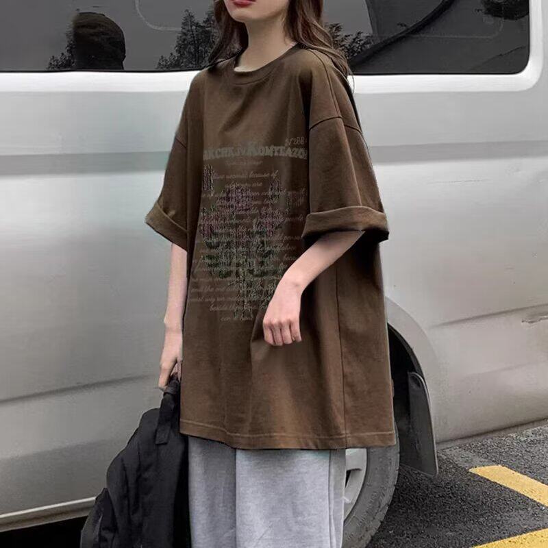 复古玫瑰花短袖t恤女oversize