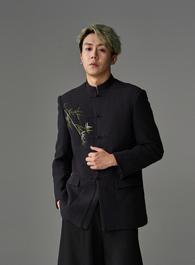 CNEW楚念贰问中国风新中式翠竹刺绣竹节棉盘扣立领唐装西服外套