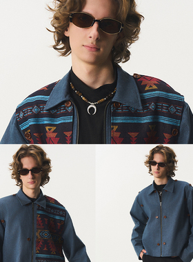 CNEW2025AW【靛彝】复古民族风提花花纹钉扣外套工装夹克三面穿