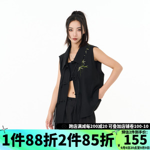 CNEW中国风翠竹刺绣长盘扣无袖西装领马甲男女同款