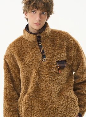 CNEW【游荡者规条】复古拼接格纹手工椰壳扣保暖环保羊毛套头卫衣