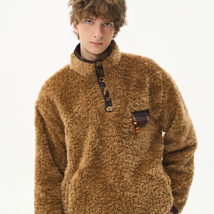 CNEW 复古拼接格纹手工椰壳扣保暖环保羊毛套头卫衣 游荡者规条