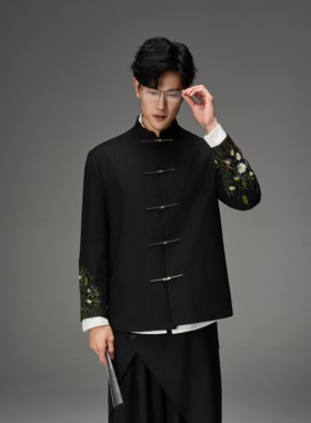 CNEW楚念贰问新中式袖口花卉刺绣黑色中山领男女西服设计感外套