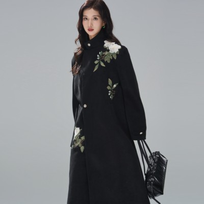 CNEW楚念贰问24AW新中式国风秋冬毛呢大衣花卉刺绣黑色男女款外套