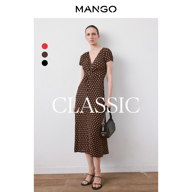 MANGO女装连衣裙2026夏装新款V领短袖法式雪纺碎花显瘦度假长裙