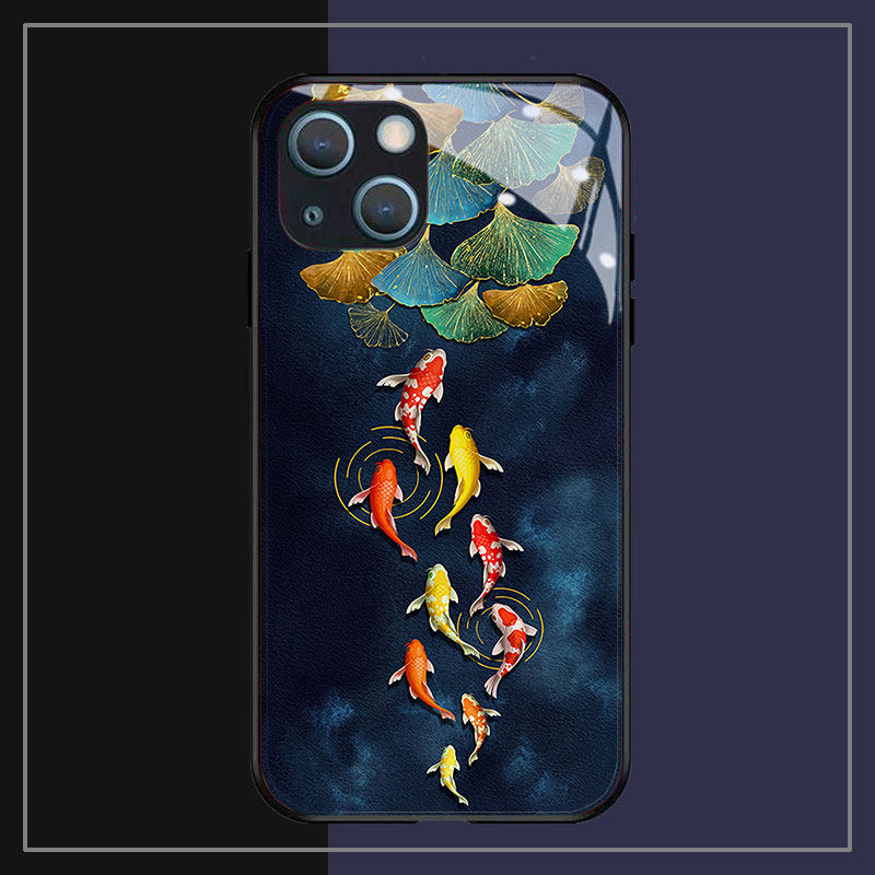 银杏叶锦鲤适用苹果14plus手机壳13promax全包边12pro网红iPhone11钢化玻璃7XS个性MAX高级感XR防摔8磨砂6plu