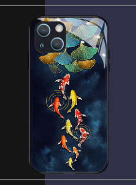 银杏叶锦鲤适用苹果14plus手机壳13promax全包边12pro网红iPhone11钢化玻璃7XS个性MAX高级感XR防摔8磨砂6plu
