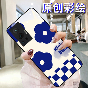 蓝色小花适用vivox80pro手机壳70+/60iQOO9/8/7x30钢化玻璃s15pro