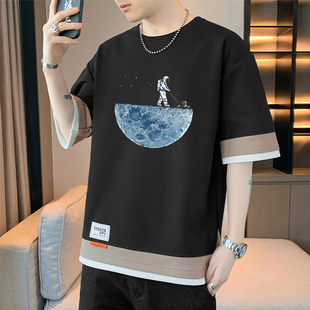 帅气时尚 2024潮流男士 假两件学生T恤 上衣薄款 短袖 春夏季 宽松大码