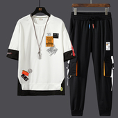 长裤 男士 青少年t恤两件套 休闲搭配薄款 假两件五分袖 纯棉短袖 套装