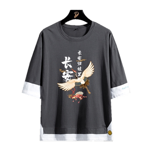 五分袖T恤短袖男士新款国潮牌长安故里体恤港风百搭宽松5分上衣服