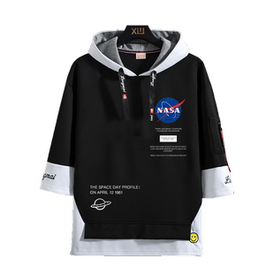 NASA联名春夏季连帽卫衣短袖t恤男情侣假两件七分袖体恤潮牌半袖