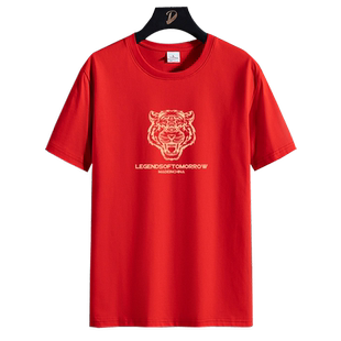 虎年本命年t恤男生2023夏季ins国潮牌老虎头印花红色纯棉短袖体恤