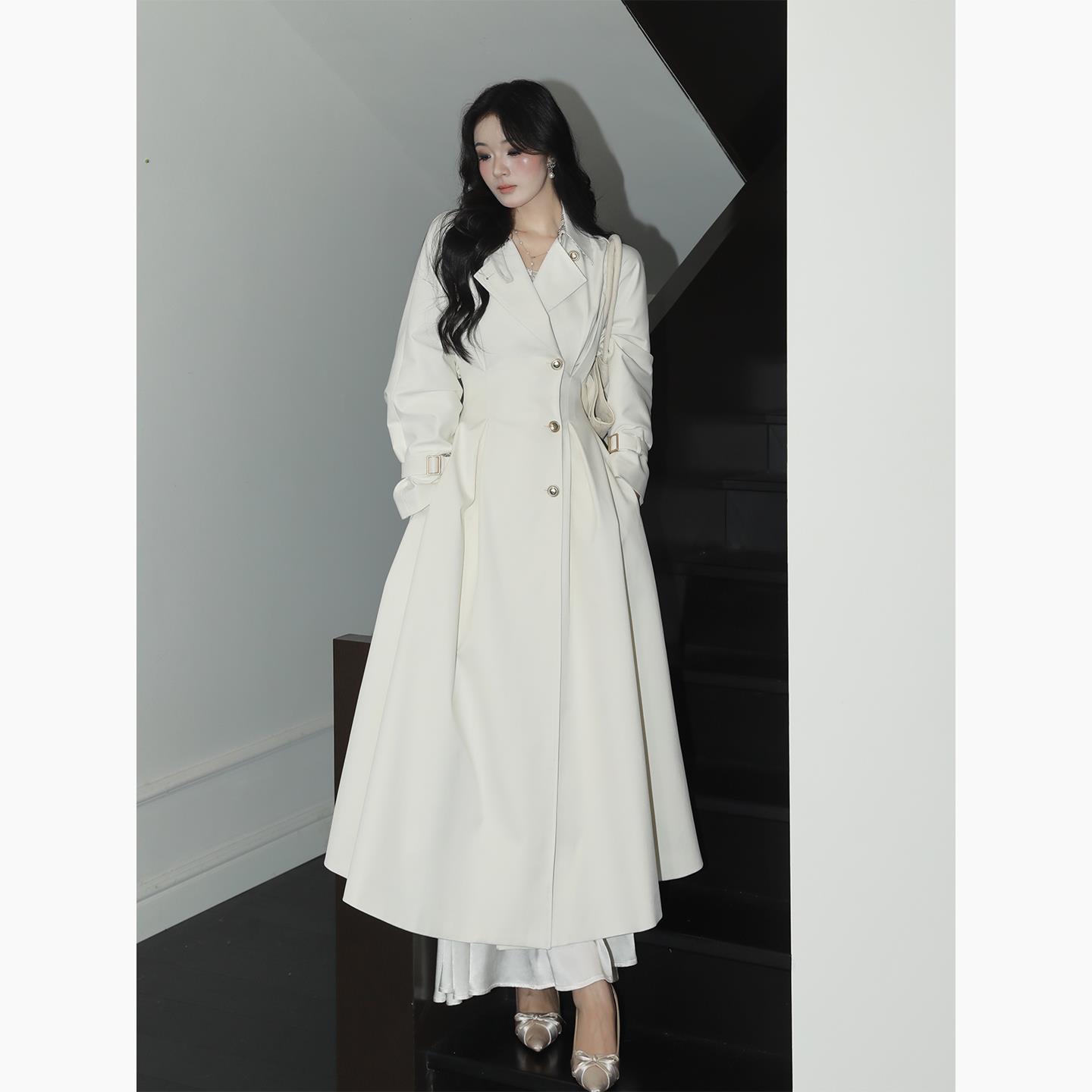 李不婉【秀智】巨显腰细格纹硬挺韩女蚂蚁腰大衣长外套女秋风衣