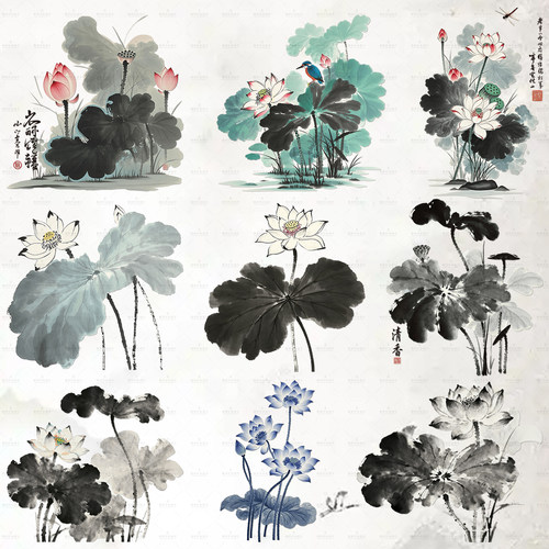 原创热转印中国风水墨荷花烫画贴