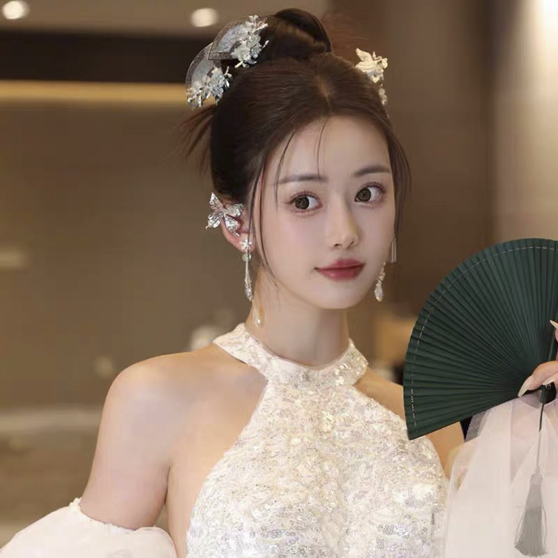 新娘头饰古风镀银扇形小发簪耳环