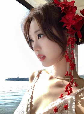新娘发卡红色铃兰花朵流苏头花发饰女侧边夹古风森系发夹日系头饰