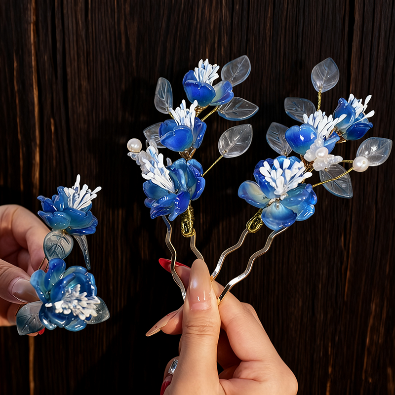 汉服头饰全套浅蓝色发饰古风超仙