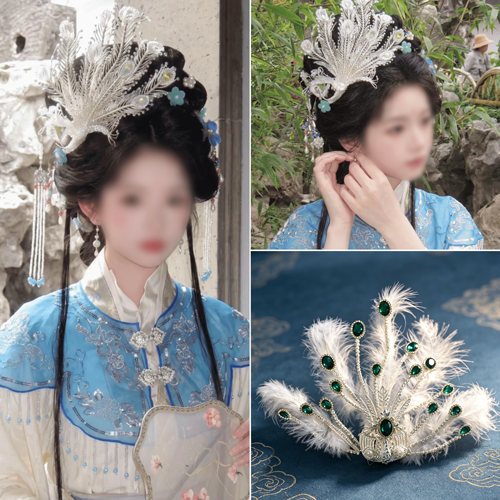 唐风白色渐变羽毛凤凰银丝发冠