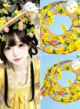 新款小唐风黄色兔子簪花竹编斗笠帷帽仙美古风发饰中式竹笠汉服款