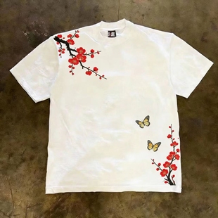 美式嘻哈重磅230G短袖圆领百搭T恤男夏季街头红梅花枝印花宽松上