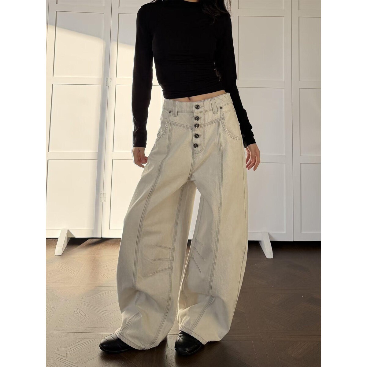 白色高腰牛仔裤单肩背带裤女韩版宽松2023秋冬新款直筒裤显瘦长裤