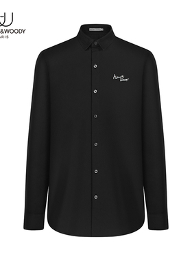 HELLEN&WOODY海伦伍德秋季男装新款烫钻衬衣休闲修身长袖黑色衬衫