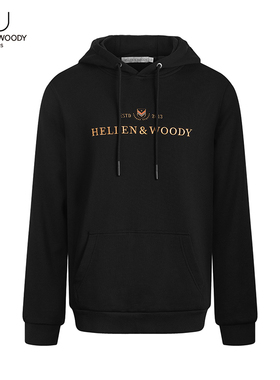 HELLEN&WOODY秋季新款奢侈品男士连帽刺绣印花纯棉潮流黑色卫衣男