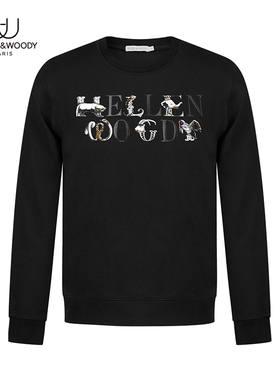 HELLEN&WOODY男装秋季新款简约时尚修身动物刺绣套头长袖印花卫衣