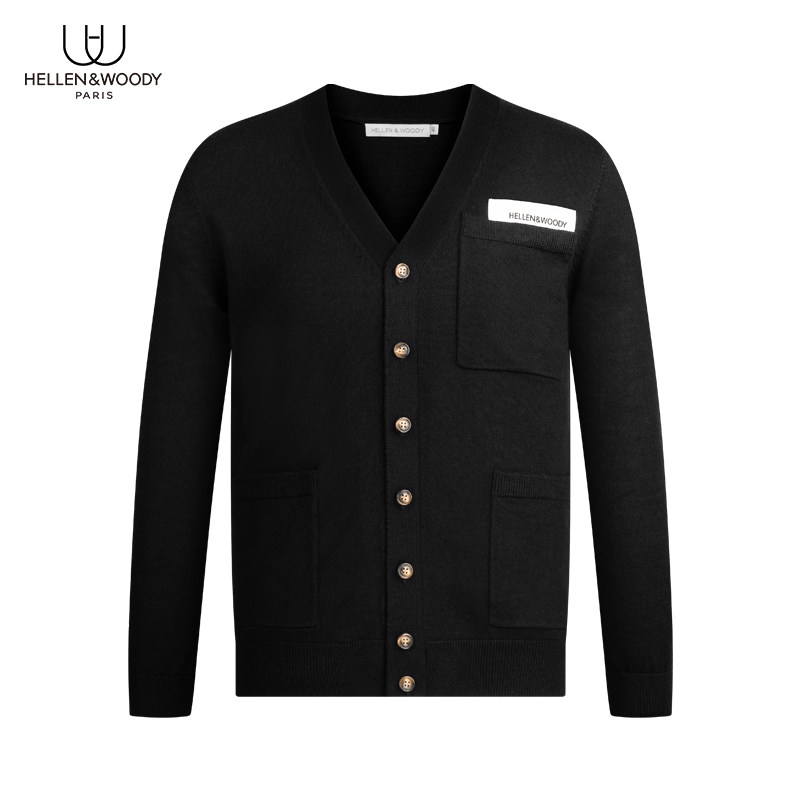 HELLEN&WOODY男装秋季毛线新品纯色纯羊毛衣时尚修身长袖黑色开衫,男装,针织衫/毛衣,淘宝优惠券,粉丝福利购,淘宝优惠卷