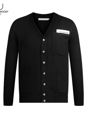 HELLEN&WOODY男装秋季毛线新品纯色纯羊毛衣时尚修身长袖黑色开衫