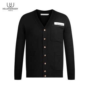 纯色纯羊毛衣时尚 毛线新品 修身 长袖 HELLEN&WOODY男装 黑色开衫 秋季