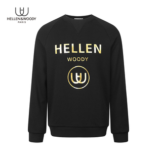 HELLEN&WOODY海伦伍德秋季 新奢品黑色常规圆领套头烫金休闲卫衣男