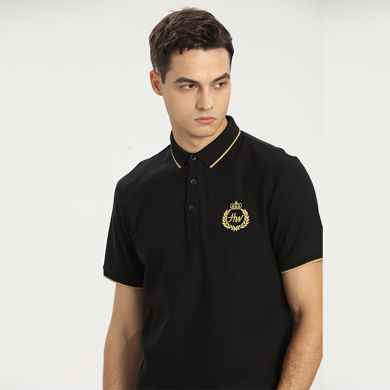 HW男装夏季新款免烫商务休闲POLO衫修身翻领短袖麦穗刺绣短袖男