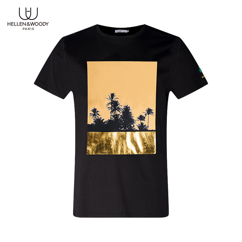 hw男装夏季法国奢侈品金片刺绣椰树图案半袖圆领修身印花短袖t恤