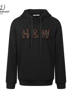 HELLEN&WOODY法国奢侈品男装秋季新品字母珠绣长袖连帽套头卫衣男
