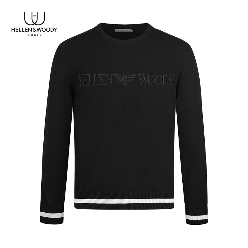 HELLEN&WOODY秋季奢品新款黑色纯羊毛衣休闲常规圆领套头针织毛衫