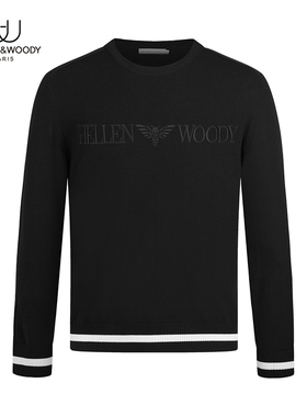 HELLEN&WOODY秋季奢品新款黑色纯羊毛衣休闲常规圆领套头针织毛衫