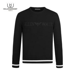 黑色纯羊毛衣休闲常规圆领套头针织毛衫 HELLEN&WOODY秋季 奢品新款