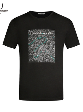 HELLEN&WOODY夏季HW男装2023新款纯棉圆领地图字母印花短袖T恤男