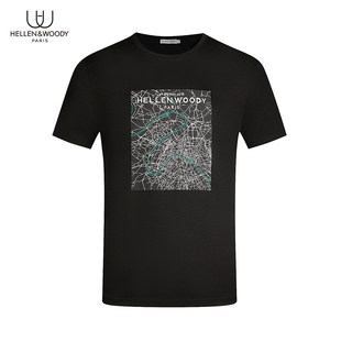 纯棉圆领地图字母印花短袖 2023新款 T恤男 HW男装 HELLEN&WOODY夏季