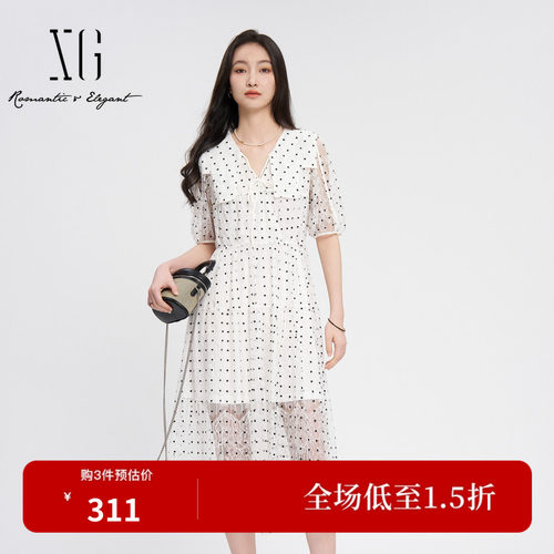XG雪歌XK204642B892蕾丝拼接连衣裙时尚夏季新款波点短袖中长裙女