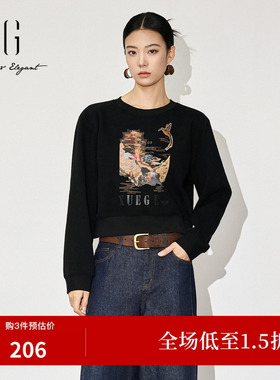 XG雪歌XJ401048A390黑色印花套头卫衣2026冬季新款长袖圆领上衣女