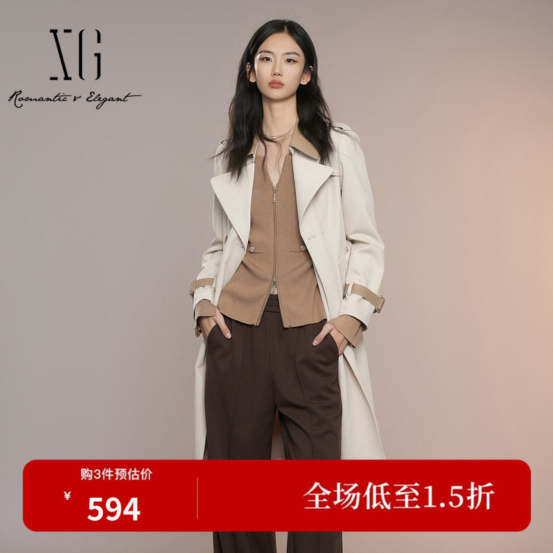 XG雪歌浅米色中长款风衣2026秋季新款长袖翻领外套女XK308004A460