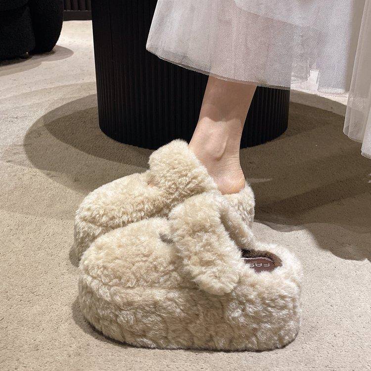 包头毛毛拖鞋女秋冬外穿2025新款网红爆款厚底松糕家用毛绒棉拖鞋