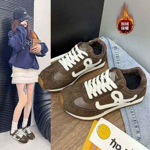 韩版复古厚底运动德训鞋女2025年秋冬新款网红休闲加绒保暖小白鞋