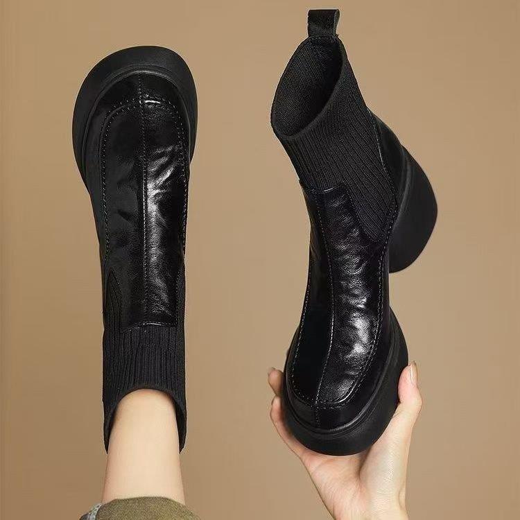 爆款法式软皮粗跟袜靴女2025冬季英伦风厚底高跟弹力瘦瘦靴马丁靴