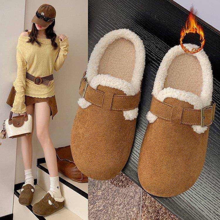 韩版加绒保暖勃肯棉鞋2025女冬季新款时尚百搭懒人一脚蹬毛毛拖鞋