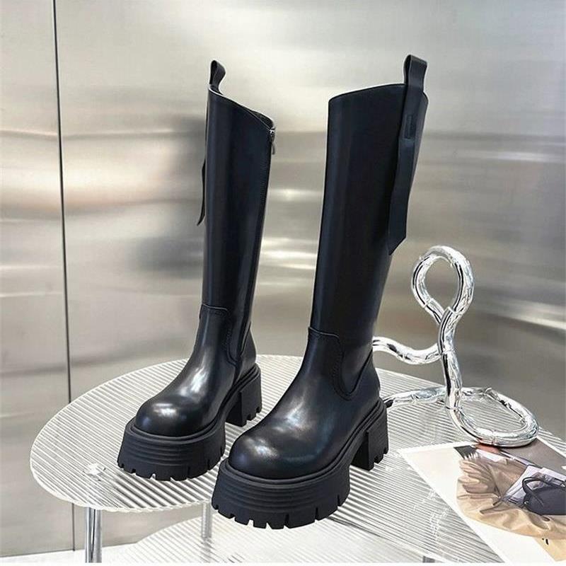 黑色长筒靴女2025秋冬季新款厚底增高显瘦英伦风小筒围高筒骑士靴